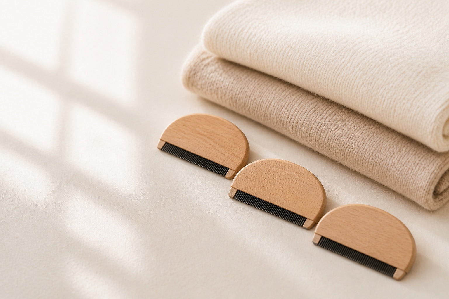 Wooden cashmere fabric combs beside folded cashmere